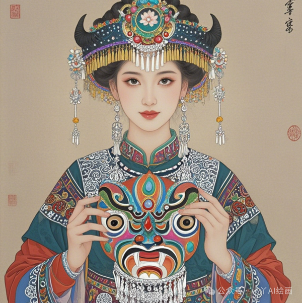 工笔——傩戏面具少女